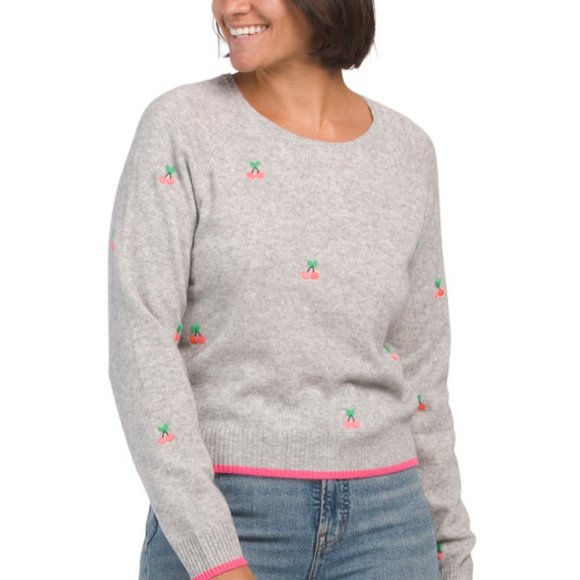 New BRODIE CASHMERE 100% Cashmere Embroidered Cherry Sweater in Pink 1095T0 - Picture 4 of 7